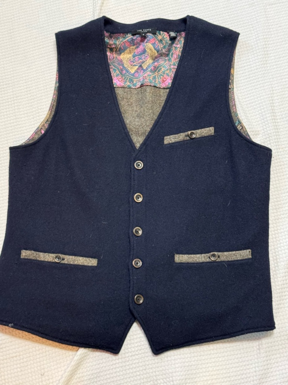 Ted Baker Navy Wool Button-Up Vest with Paisley Lining